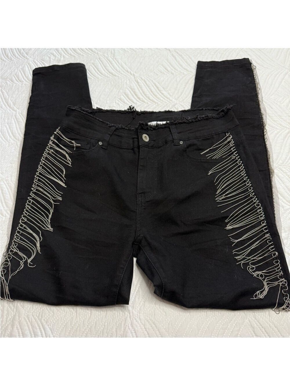 Q2 Premium Denim Black Sliver Fringe Stretch Denim Jeans. Size L